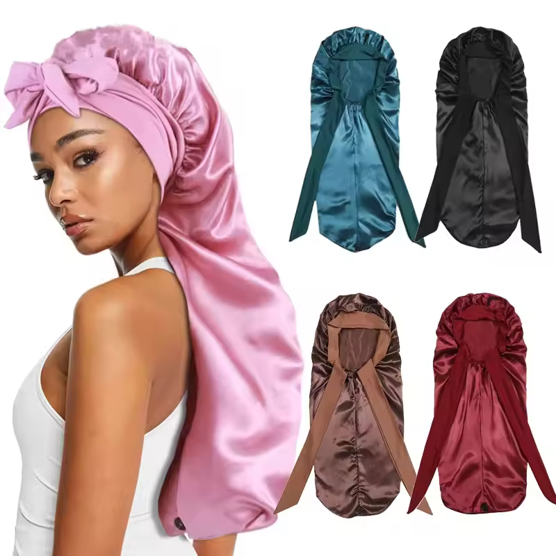 Gorro de Satín Largo Ajustable para Dormir Color Negro